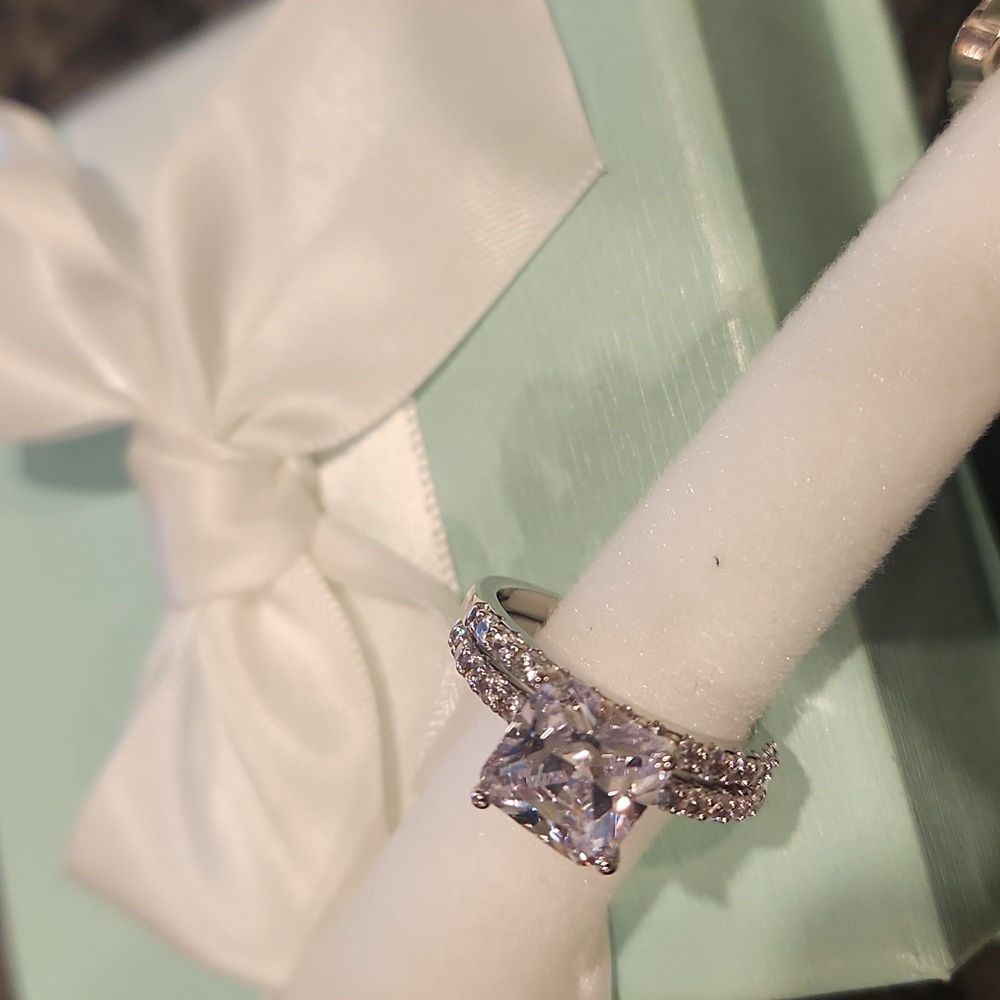 Silvertone Princess-Cut Simulated Diamond CZ Engagement Ring and Band Set